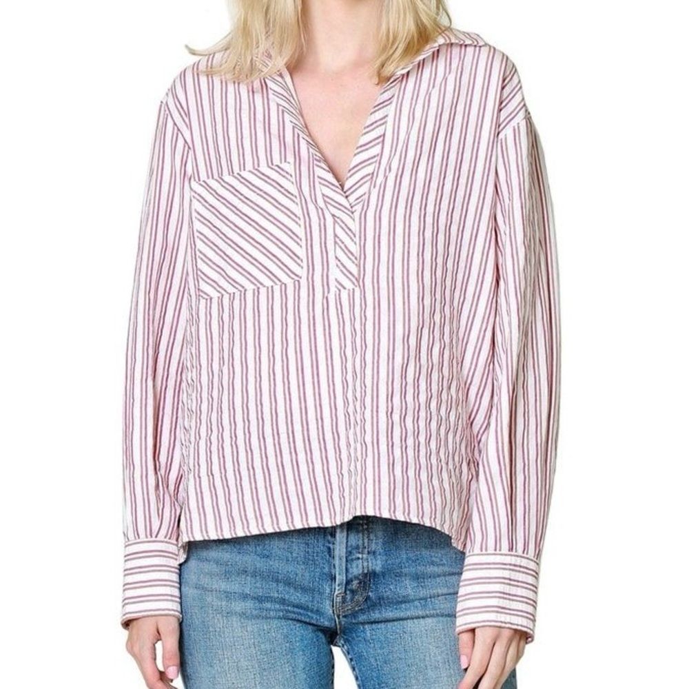 Xirena Hudson Stripe Top Women’s Size XS Popover Pocket Alabaster Pink Ticking